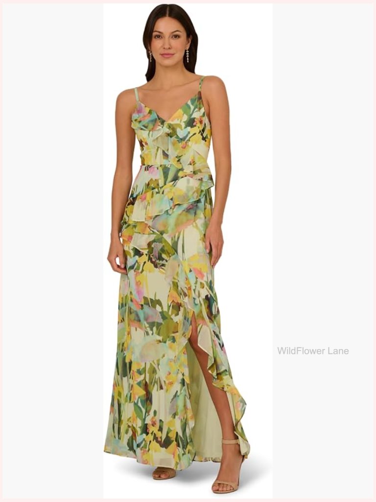 Watercolor Floral Printed Strap Cascade Gown